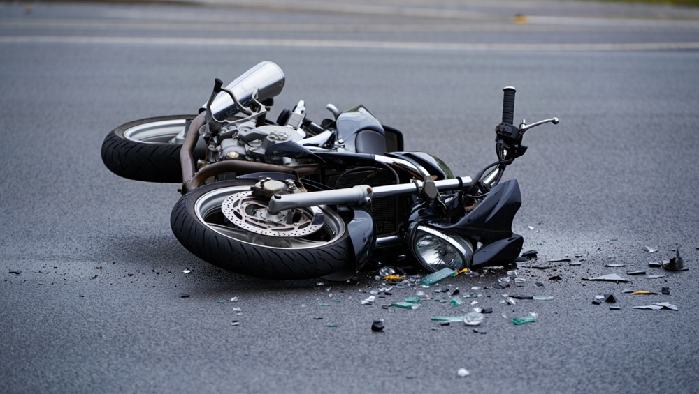 Damaged motorcycle on road after serious accident, debris scattered — example of crash where rider may not have worn a helmet